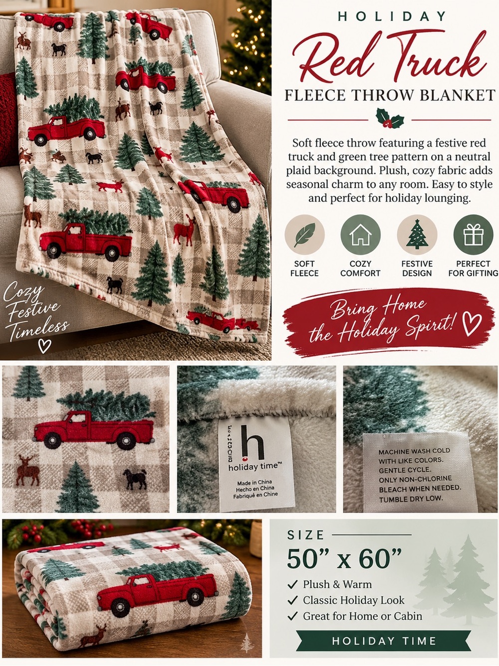Holiday Red Truck Fleece Throw Blanket with Green Tree Print 50x60